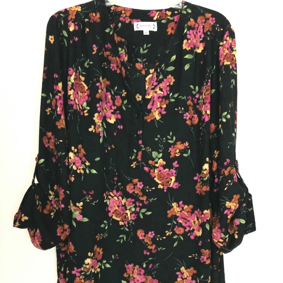 Nanette Lepore 2 black floral princess v-neck long sleeve semi sheer tun… - Picture 1 of 6